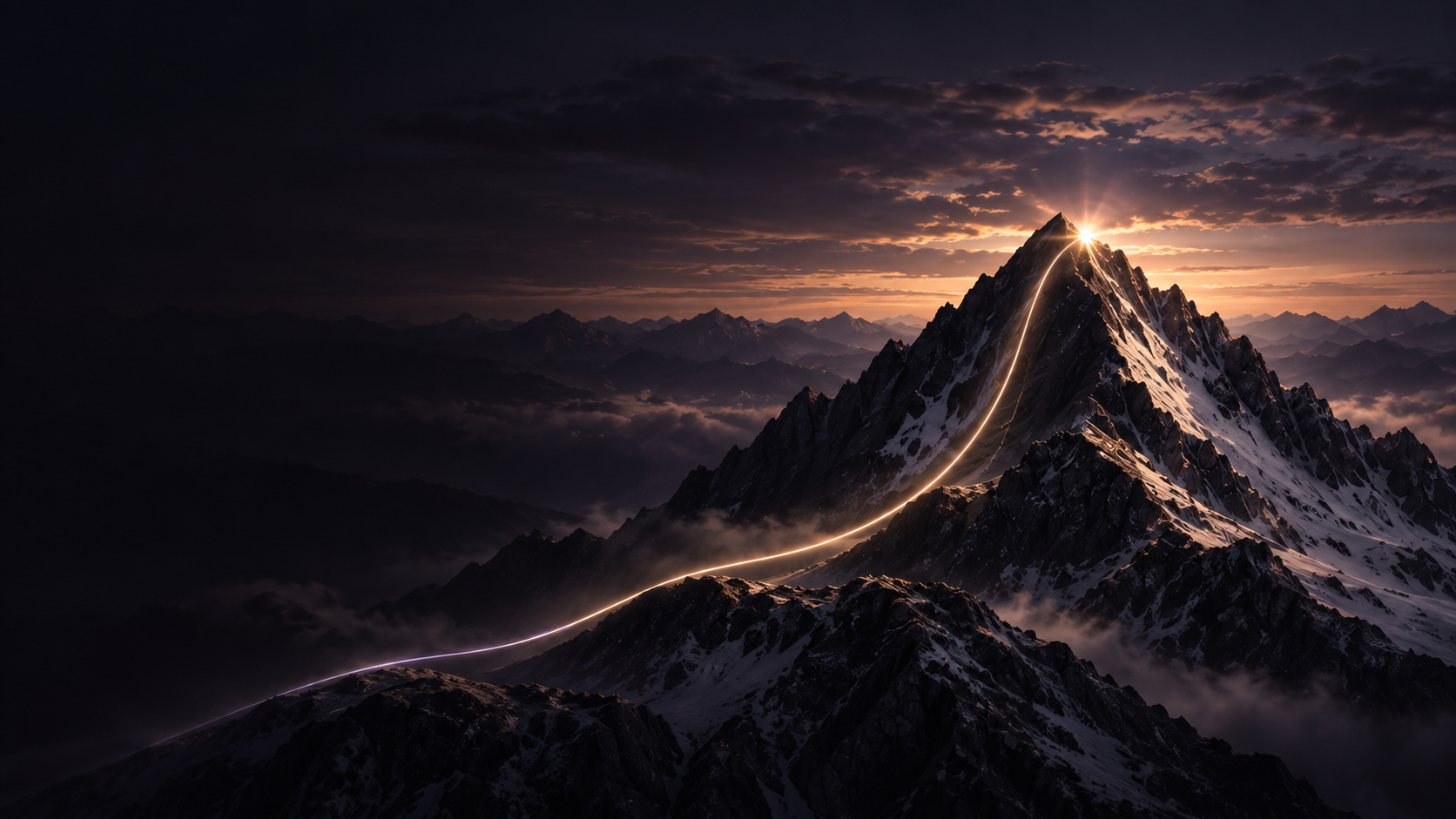 A mountain summit illuminated by a precise path of light